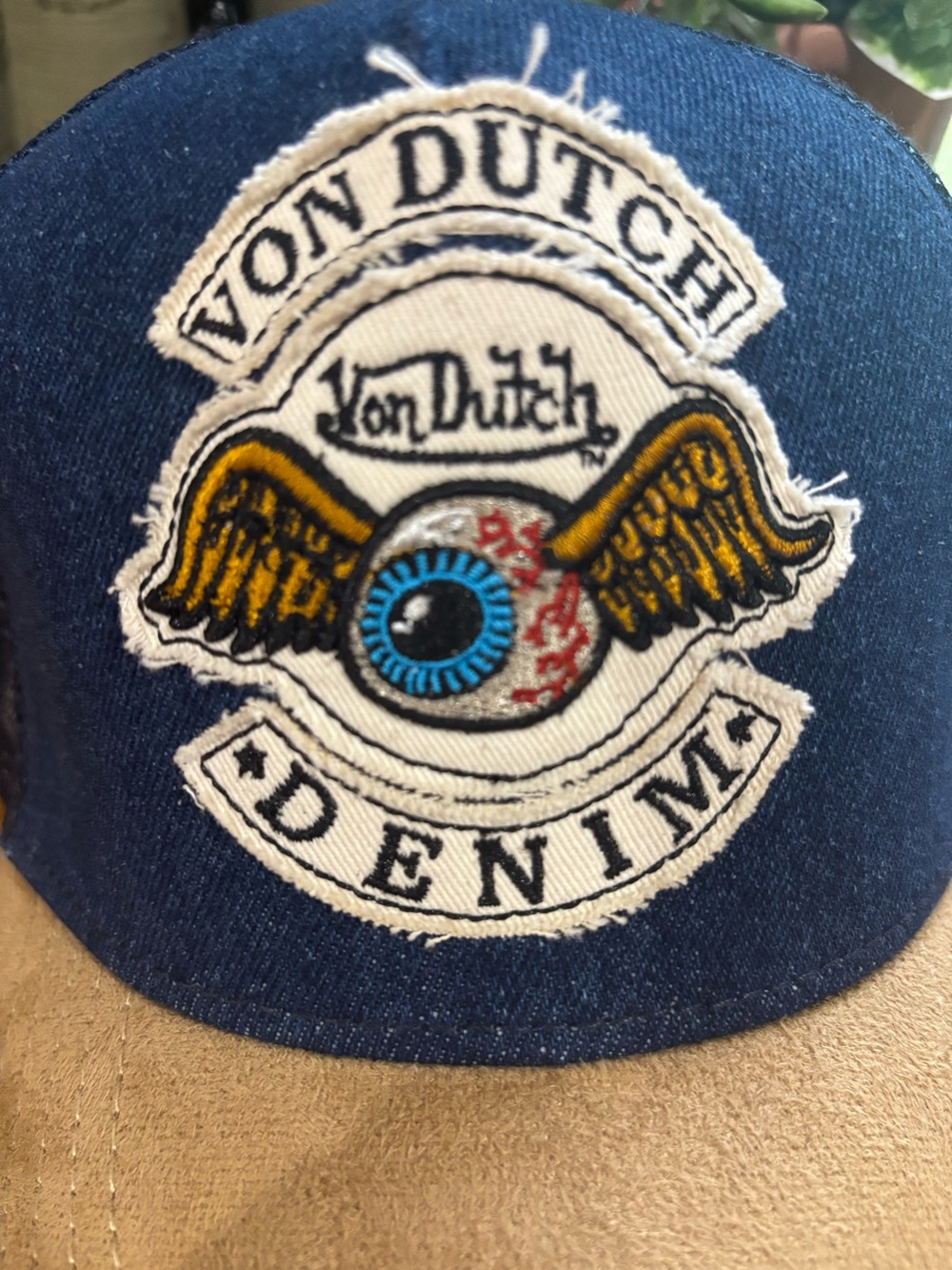 Von Dutch Denim Trucker Hat Faux Suede Bill Distressed Winged Eyeball Patch Y2K
